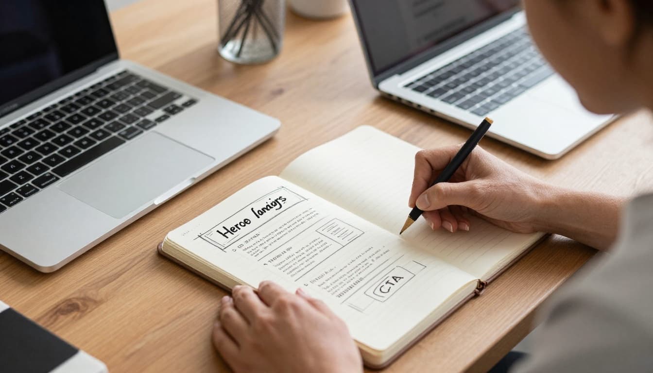 An empowered middle-aged woman sits relaxed at a wooden desk in her cozy home workspace, sketching a simple landing page wireframe with hero headline, testimonials, and CTA button on a notepad, open laptop nearby, warm afternoon light illuminating the photorealistic scene.